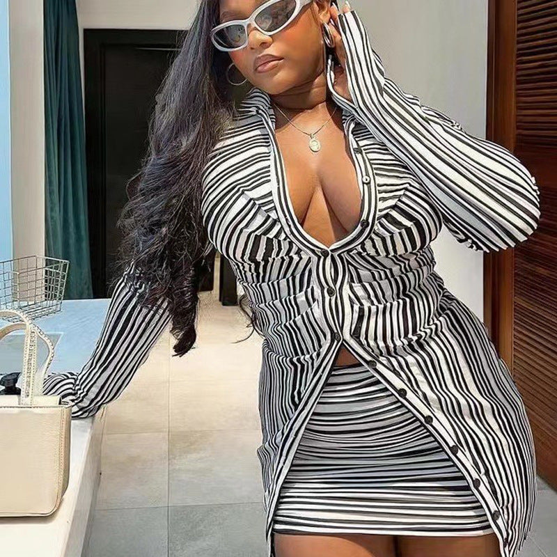 Deep V-neck Striped Single-breasted Shirt And Skirt Two-piece Set