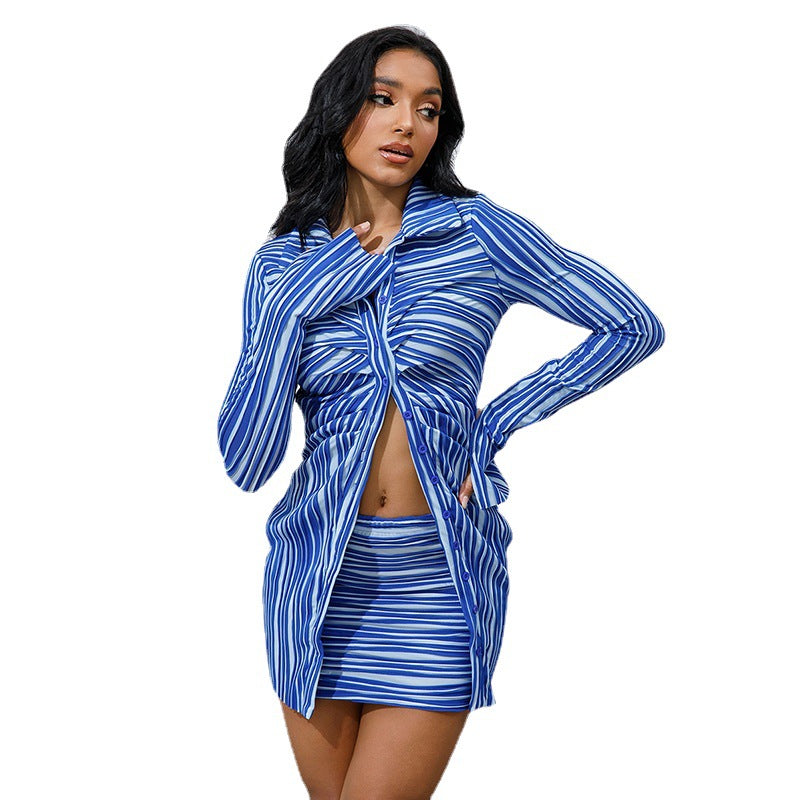 Deep V-neck Striped Single-breasted Shirt And Skirt Two-piece Set