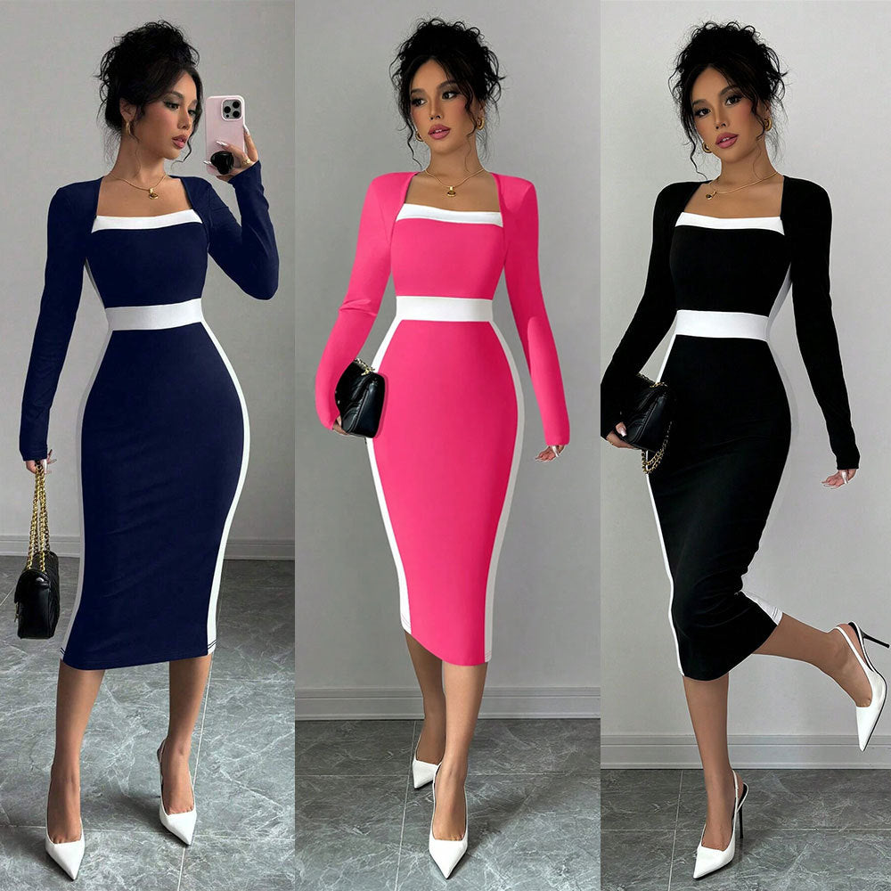 Women's Patchwork Color-block Sexy Long-sleeve Bodycon Dress