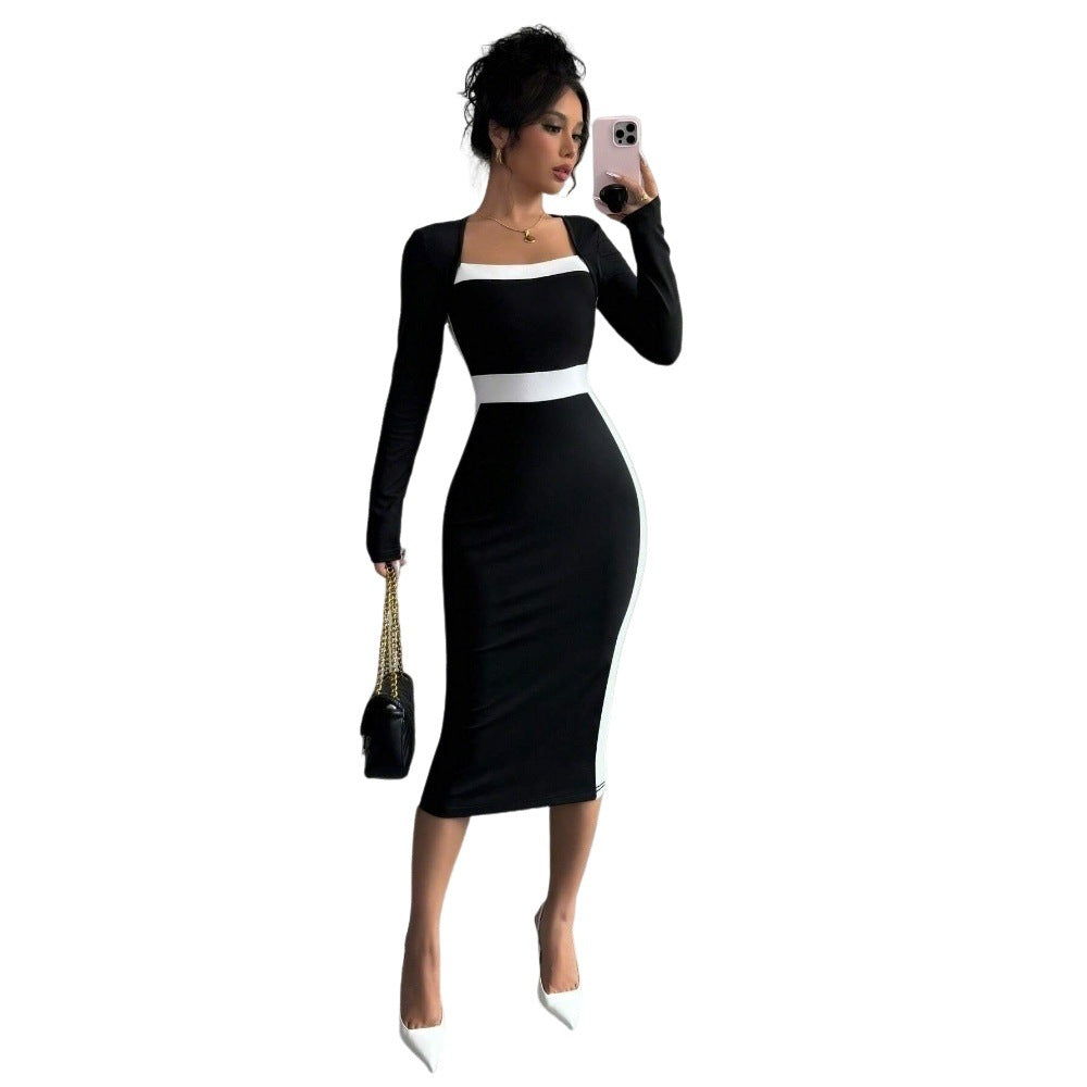 Women's Patchwork Color-block Sexy Long-sleeve Bodycon Dress