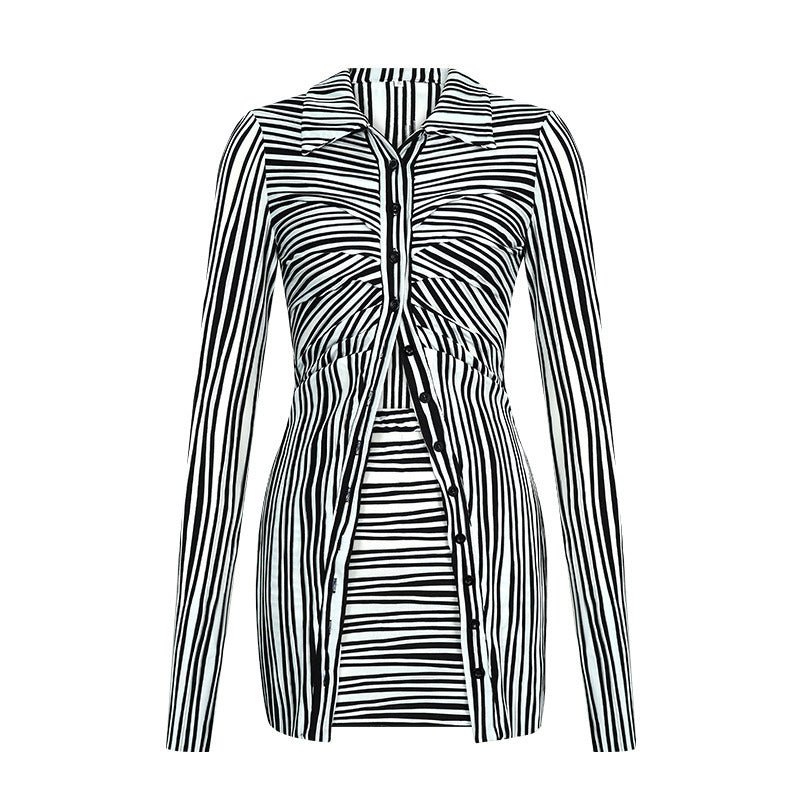 Deep V-neck Striped Single-breasted Shirt And Skirt Two-piece Set