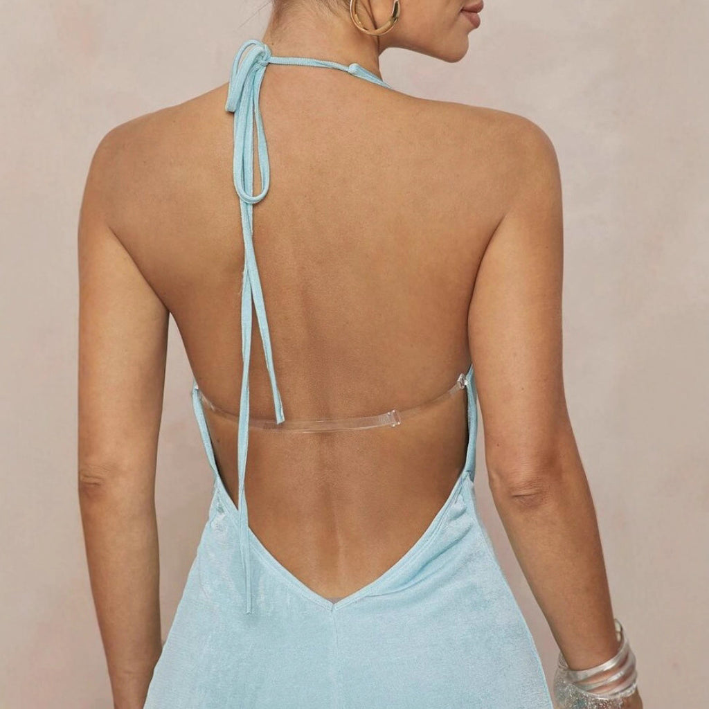 Deep V-neck Halter Dress With Open Back For Beach Vacations