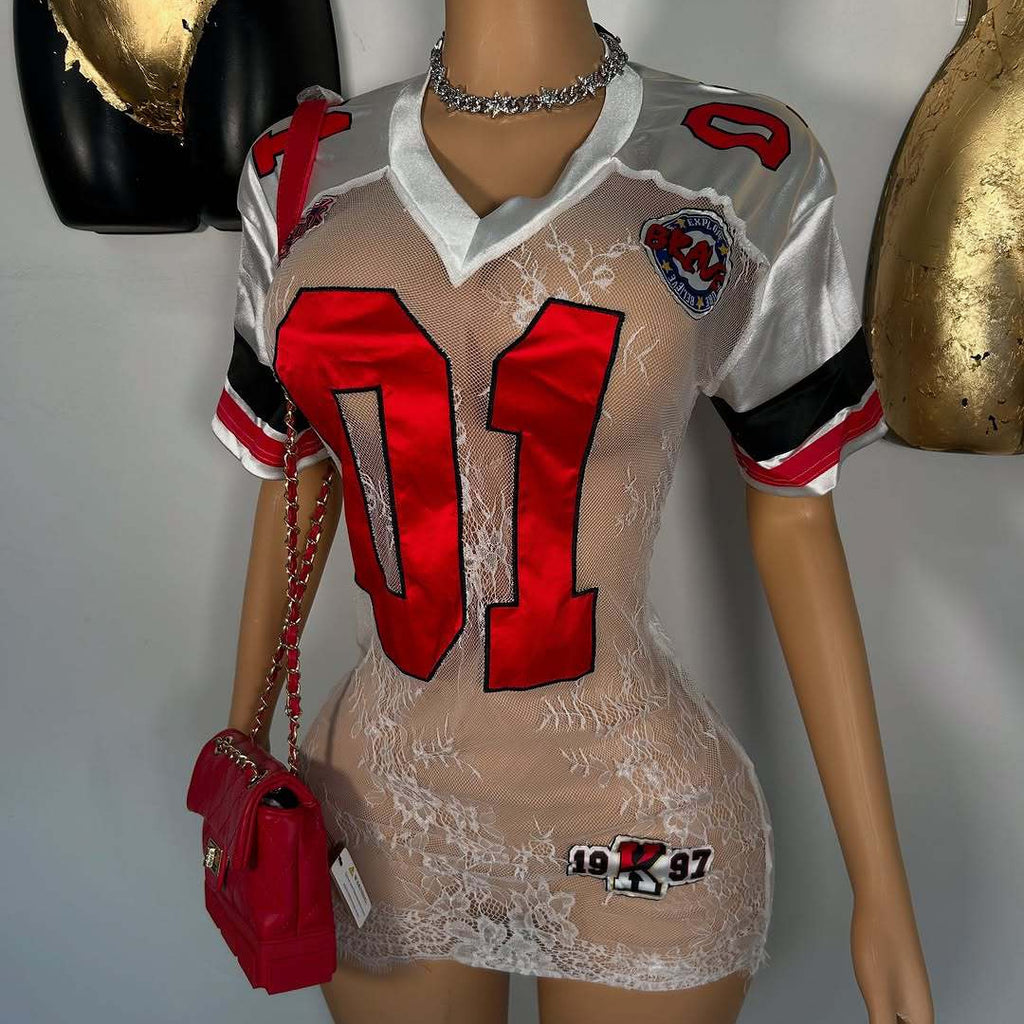 Women's Fashionable And Sexy Lace Embroidered Letter Short-Sleeve Dress